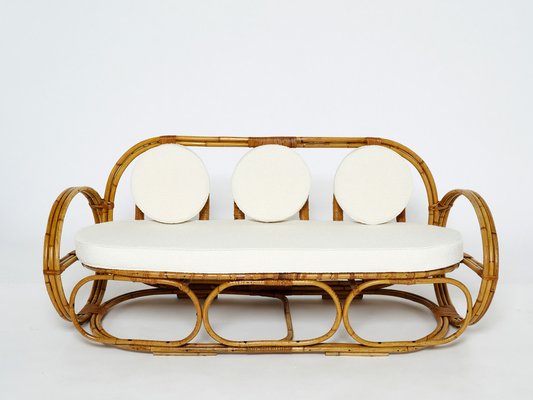 Italian Sofa and Stool in Bamboo with Bouclé Fabric, 1960s, Set of 2-YJA-1279597