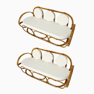 Italian Sofa and Stool in Bamboo with Bouclé Fabric, 1960s, Set of 2-YJA-1279597