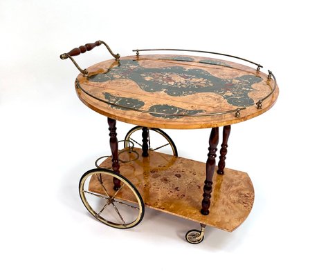 Italian Sorrento Wood Marquetry Serving Bar Cart with Ornate Brass Details and Foldable Table Top, 1930s-JP-2016358