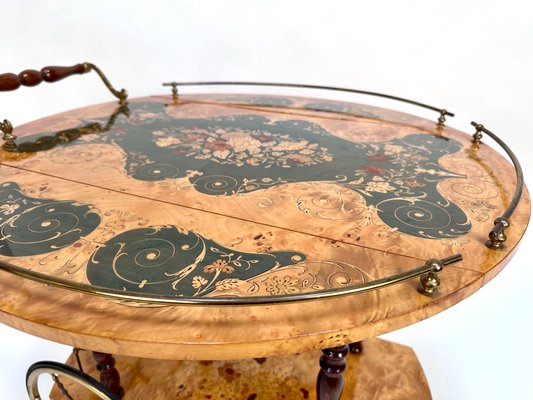 Italian Sorrento Wood Marquetry Serving Bar Cart with Ornate Brass Details and Foldable Table Top, 1930s-JP-2016358