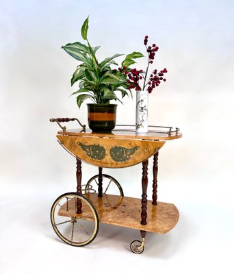 Italian Sorrento Wood Marquetry Serving Bar Cart with Ornate Brass Details and Foldable Table Top, 1930s-JP-2016358