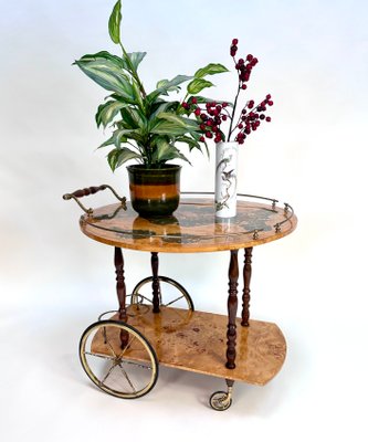 Italian Sorrento Wood Marquetry Serving Bar Cart with Ornate Brass Details and Foldable Table Top, 1930s-JP-2016358