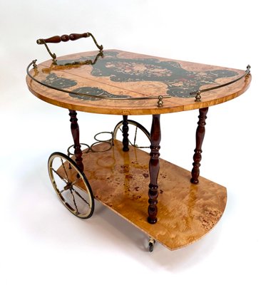 Italian Sorrento Wood Marquetry Serving Bar Cart with Ornate Brass Details and Foldable Table Top, 1930s-JP-2016358