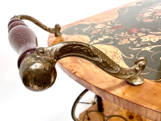 Italian Sorrento Wood Marquetry Serving Bar Cart with Ornate Brass Details and Foldable Table Top, 1930s-JP-2016358