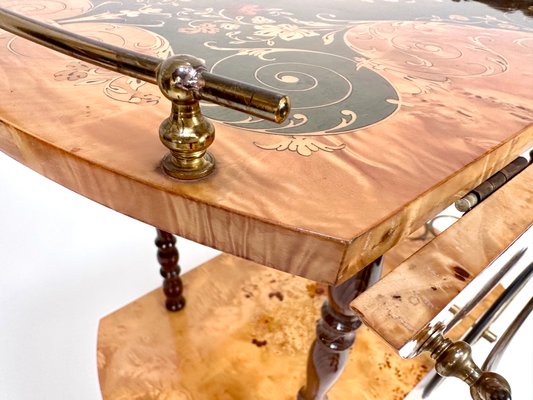 Italian Sorrento Wood Marquetry Serving Bar Cart with Ornate Brass Details and Foldable Table Top, 1930s-JP-2016358