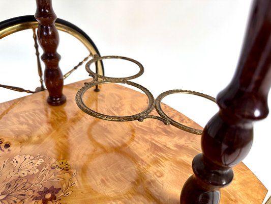 Italian Sorrento Wood Marquetry Serving Bar Cart with Ornate Brass Details and Foldable Table Top, 1930s-JP-2016358