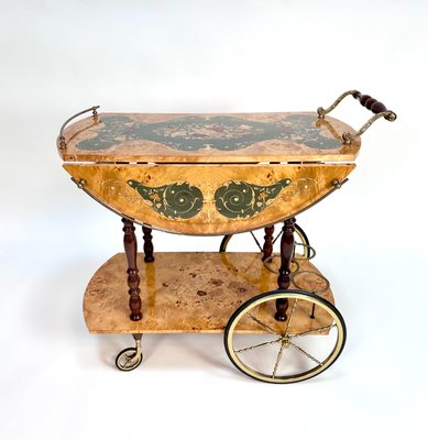 Italian Sorrento Wood Marquetry Serving Bar Cart with Ornate Brass Details and Foldable Table Top, 1930s-JP-2016358