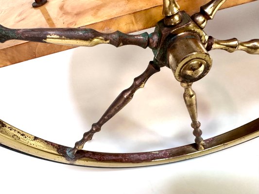 Italian Sorrento Wood Marquetry Serving Bar Cart with Ornate Brass Details and Foldable Table Top, 1930s-JP-2016358