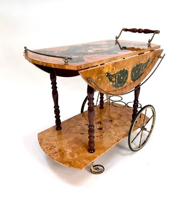 Italian Sorrento Wood Marquetry Serving Bar Cart with Ornate Brass Details and Foldable Table Top, 1930s-JP-2016358