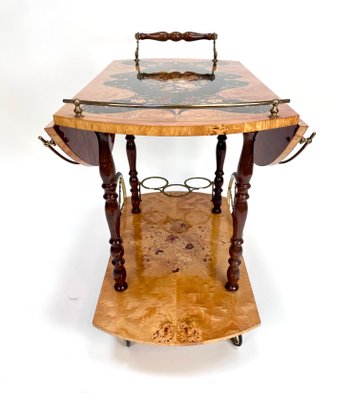 Italian Sorrento Wood Marquetry Serving Bar Cart with Ornate Brass Details and Foldable Table Top, 1930s-JP-2016358