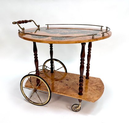 Italian Sorrento Wood Marquetry Serving Bar Cart with Ornate Brass Details and Foldable Table Top, 1930s-JP-2016358