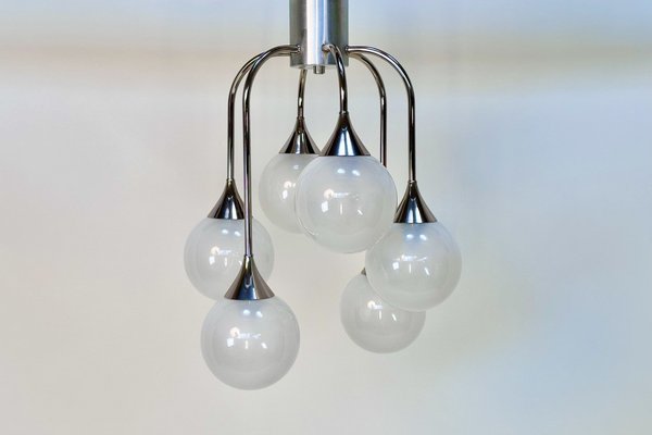 Italian Space Age Chromed Steel and Globe Milk Glass 6-Light Chandelier, 1960s-JP-1818645