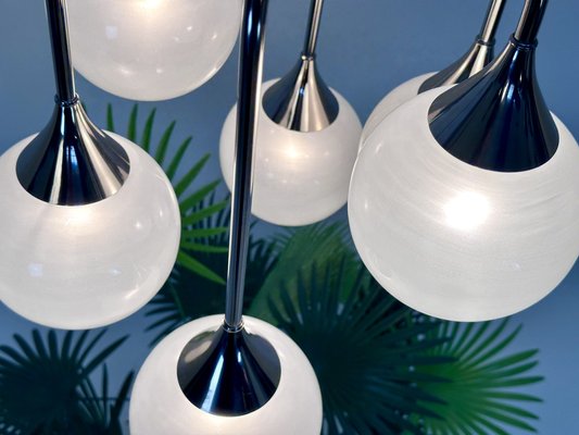 Italian Space Age Chromed Steel and Globe Milk Glass 6-Light Chandelier, 1960s-JP-1818645