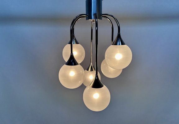 Italian Space Age Chromed Steel and Globe Milk Glass 6-Light Chandelier, 1960s-JP-1818645