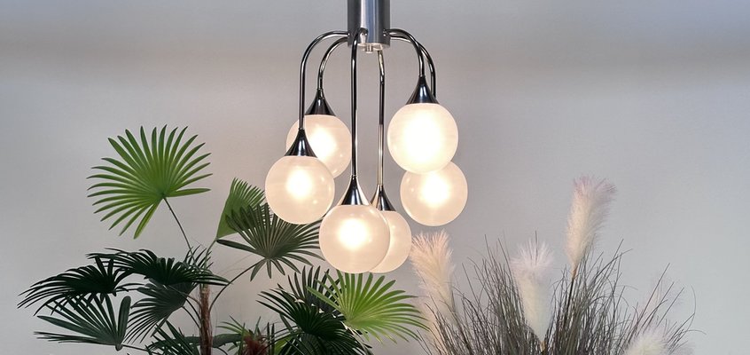 Italian Space Age Chromed Steel and Globe Milk Glass 6-Light Chandelier, 1960s-JP-1818645