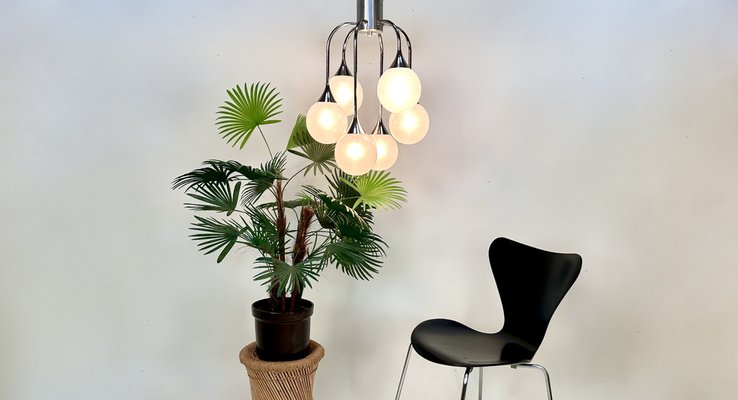 Italian Space Age Chromed Steel and Globe Milk Glass 6-Light Chandelier, 1960s-JP-1818645