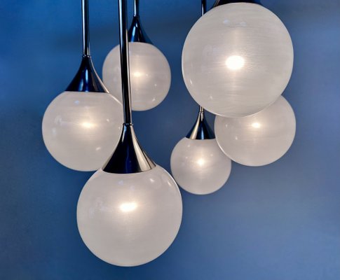 Italian Space Age Chromed Steel and Globe Milk Glass 6-Light Chandelier, 1960s-JP-1818645