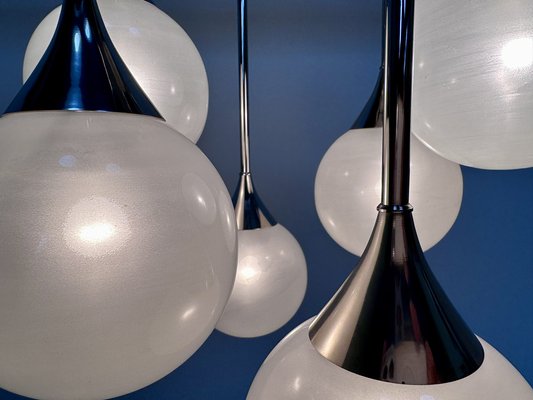 Italian Space Age Chromed Steel and Globe Milk Glass 6-Light Chandelier, 1960s-JP-1818645