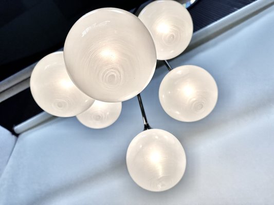 Italian Space Age Chromed Steel and Globe Milk Glass 6-Light Chandelier, 1960s-JP-1818645