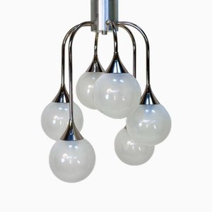 Italian Space Age Chromed Steel and Globe Milk Glass 6-Light Chandelier, 1960s-JP-1818645