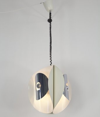 Italian Space Age Hanging Lamp with White Painted, Metal & Chrome Shields, 1970s-AA-1728796