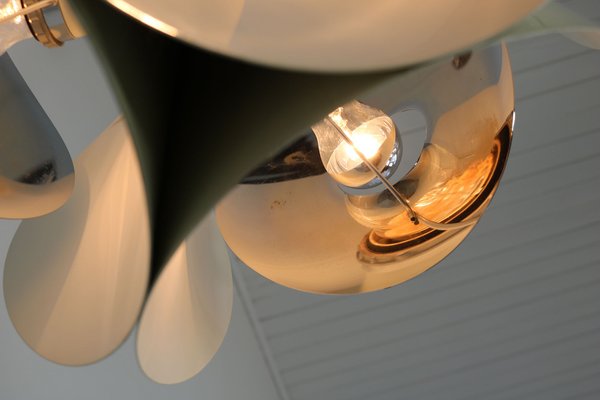 Italian Space Age Hanging Lamp with White Painted, Metal & Chrome Shields, 1970s-AA-1728796