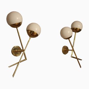 Italian Stilnovo Style Sconces in White Murano Glass & Brass, Set of 2-YF-1359270