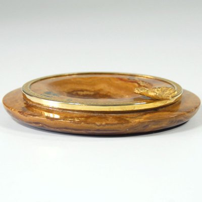 Italian Stoneware Ashtray with Brass Leaf, 1960s-GIW-872698