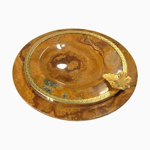 Italian Stoneware Ashtray with Brass Leaf, 1960s-GIW-872698