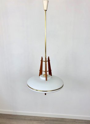 Italian Teak, Brass & Opaline Glass Pendant Light-LYQ-1171577