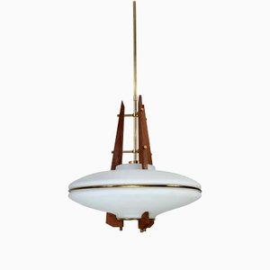 Italian Teak, Brass & Opaline Glass Pendant Light-LYQ-1171577