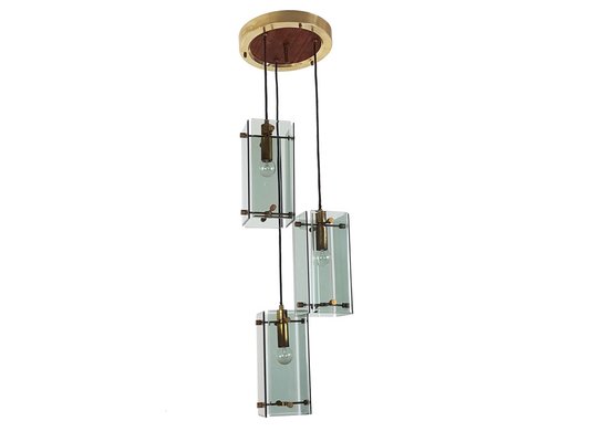 Italian Teak, Golden Aluminum & Smoked Glass Three Pendant Ceiling Lamp, 1960s-RD-1735169