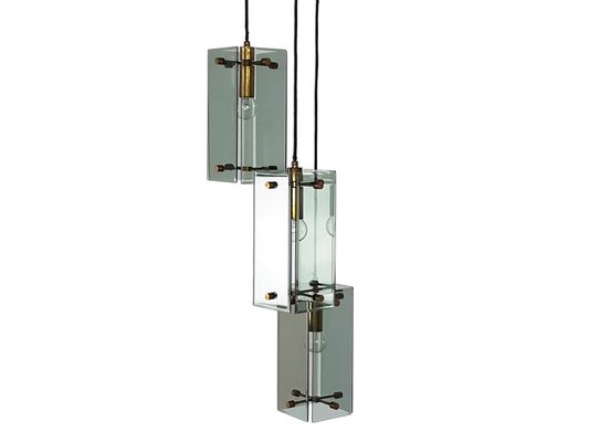 Italian Teak, Golden Aluminum & Smoked Glass Three Pendant Ceiling Lamp, 1960s-RD-1735169