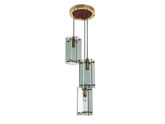 Italian Teak, Golden Aluminum & Smoked Glass Three Pendant Ceiling Lamp, 1960s-RD-1735169