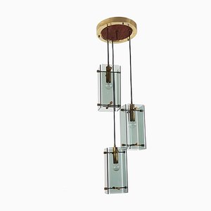 Italian Teak, Golden Aluminum & Smoked Glass Three Pendant Ceiling Lamp, 1960s-RD-1735169