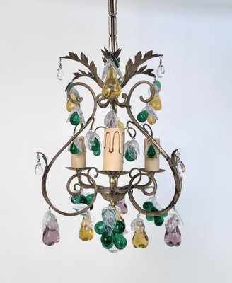 Italian Three-Light Chandelier in Brass Leaf and Murano Glass, 1950s-JP-1811865