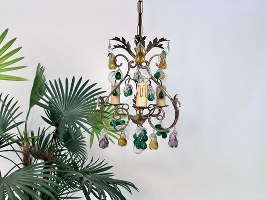 Italian Three-Light Chandelier in Brass Leaf and Murano Glass, 1950s-JP-1811865