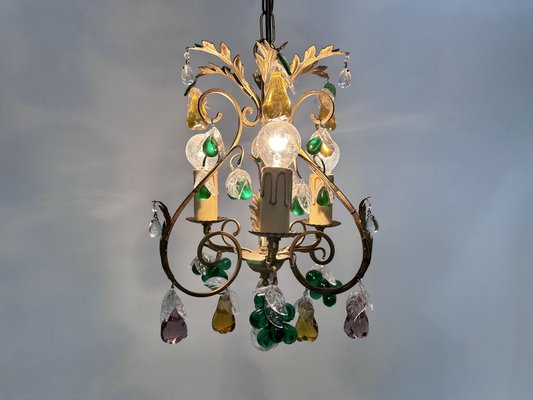 Italian Three-Light Chandelier in Brass Leaf and Murano Glass, 1950s-JP-1811865