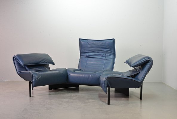 Italian Three-Seat Flexible Veranda Sofa in in Petrol Blue Leather by Vico Magistretti for Cassina, 1980s-IXC-1397143