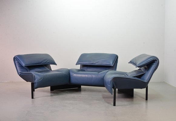 Italian Three-Seat Flexible Veranda Sofa in in Petrol Blue Leather by Vico Magistretti for Cassina, 1980s-IXC-1397143