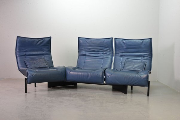 Italian Three-Seat Flexible Veranda Sofa in in Petrol Blue Leather by Vico Magistretti for Cassina, 1980s-IXC-1397143