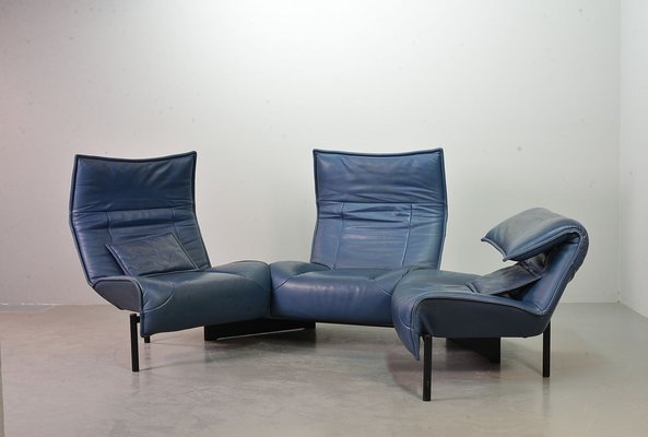 Italian Three-Seat Flexible Veranda Sofa in in Petrol Blue Leather by Vico Magistretti for Cassina, 1980s-IXC-1397143