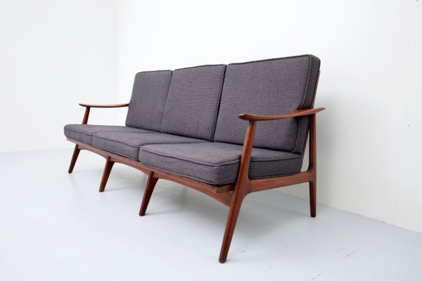 Italian Three-Seat Sofa with Armrests in Patinated Oak and Fabric, 1960s-ITV-1299215