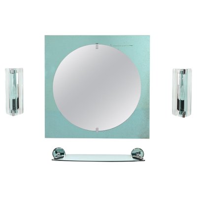 Italian Tiffany Blue Bathroom Vanity Set with Mirror, Sconces, Shelf attributed to Veca, 1970s, Set of 4-JDR-1800805