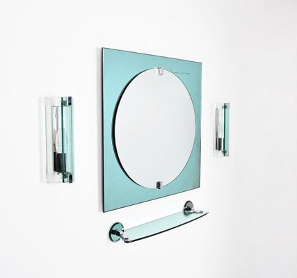 Italian Tiffany Blue Bathroom Vanity Set with Mirror, Sconces, Shelf attributed to Veca, 1970s, Set of 4-JDR-1800805