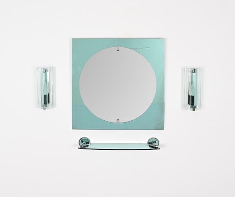 Italian Tiffany Blue Bathroom Vanity Set with Mirror, Sconces, Shelf attributed to Veca, 1970s, Set of 4-JDR-1800805