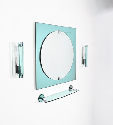 Italian Tiffany Blue Bathroom Vanity Set with Mirror, Sconces, Shelf attributed to Veca, 1970s, Set of 4-JDR-1800805