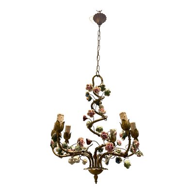 Italian Tole Ceramic Flower Chandelier, 1960s-JJC-1437571