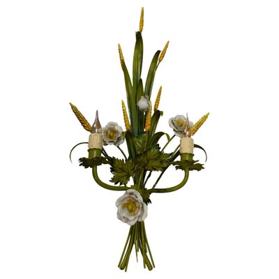 Italian Toleware White Poppy and Wheat Green Floral Bouquet Two-Light Sconce, 1960s-KEG-1781068