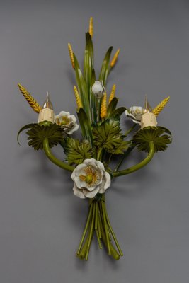 Italian Toleware White Poppy and Wheat Green Floral Bouquet Two-Light Sconce, 1960s-KEG-1781068